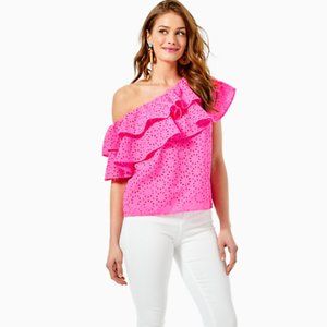 Lilly Pulitzer Trixie One-Shoulder Top Raz Berry Neon Sunburst Eyelet (Small)